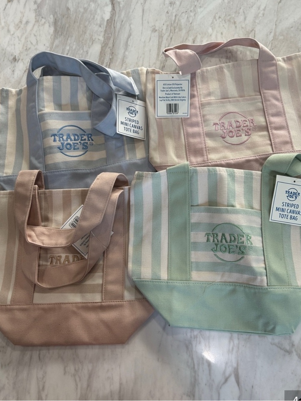 Trader Joe's PastelStriped Mini Canvas Totes - 4 totes (full set)